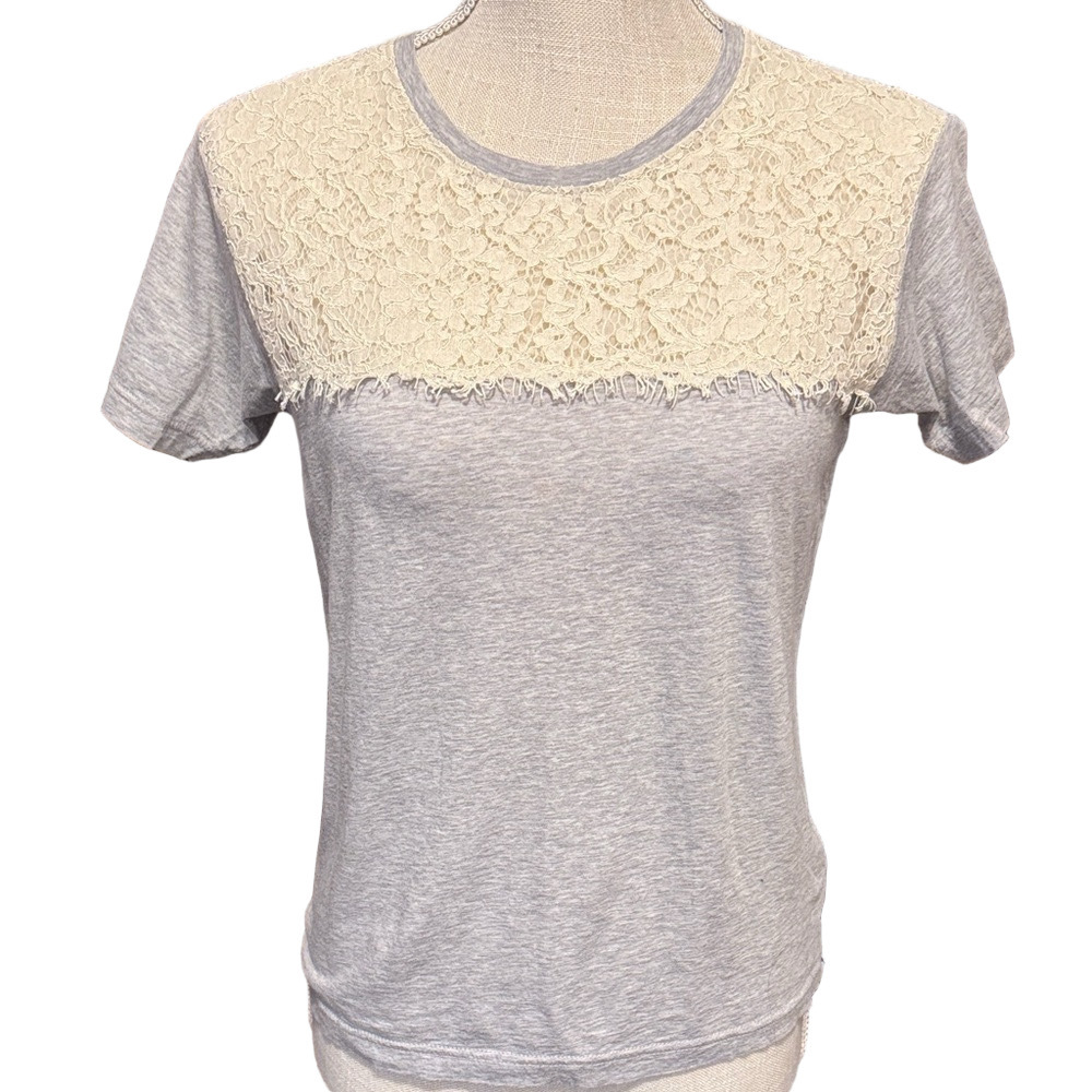 J. Crew Short Sleeve Light Gray Tee with Cream Lace Detail